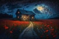 Night landscape with a wooden house on a field of poppies under the starry sky. Generative AI