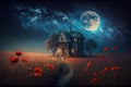 Night landscape with a wooden house on a field of poppies under the starry sky. Generative AI