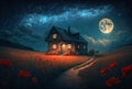 Night landscape with a wooden house on a field of poppies under the starry sky. Generative AI