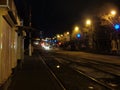 Night landscpe with tram railway. Royalty Free Stock Photo