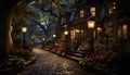 Night lantern illuminates architecture, dusk reveals nature illuminated footpath generated by AI