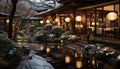 Night lanterns illuminate the tranquil Japanese garden, reflecting nature beauty generated by AI Royalty Free Stock Photo