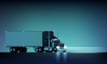 Night large classic big rig semi truck with headlights and dry van semi riding on the night background vector illustration