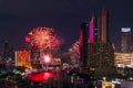 nightlight city of bangkok cityscape with firework celebrate in Twilight night background bangkok city, Thailand Royalty Free Stock Photo