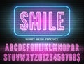 Night light glow font with numbers. Smile sign with pink narrow bold neon alphabet on dark brick background. Vector