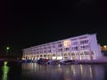Night light Marine hotel with motorboats Royalty Free Stock Photo