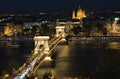 Night light landscape of Budapest. Illuminated Chain Bridge over Danube river and embankment with vintage buildings Royalty Free Stock Photo