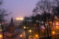 Night light landscape of Saint Volodymyr Hill during Christmas holidays. Scenic illuminations of park. Mysterious foggy morning. Royalty Free Stock Photo