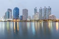 Night light Office building city downtown with water reflection Royalty Free Stock Photo