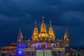 Night lighted image of Shree Swaminarayan temple with monsoon clouds background., Ambe Gaon, Pune .