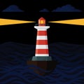 Night lighthouse. A lighthouse pointing the way in the dark with rays of light, located in the middle of the ocean.