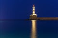 Night Lighthouse in old harbour, Chania, Crete Royalty Free Stock Photo