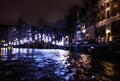 Night lighting reflections in Amsterdam channels from moving cruise boat. Blurred abstract photo as background.