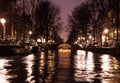 Night lighting reflections in Amsterdam channels from moving cruise boat. Blurred abstract photo as background.