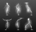 Night lightning. Glow stormy weather light effects power energy electricity thunder rain strike in sky vector realistic Royalty Free Stock Photo