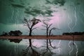 Night lightning over a dark blue green desolate landscape with few trees and bushes on a headland by a lake, made with generative