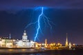 Night with lightning thunderstorm flash over the Neva in Saint-Petersburg and the Kunstkamera, Peter and Paul Fortress and Rostral