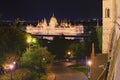 Night lights landscape of Budapest. Astonishing view of illuminated Hungarian Parliament Building. View from Fisherman`s Bastion. Royalty Free Stock Photo
