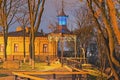 Night lights landscape of panoramic viewing platform with beautiful arbor. Artists Alley near the famous Andriyivskyy Descent. Royalty Free Stock Photo