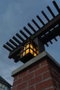 Night lights in the park. Latern glow in night garden. Dark street at night with light of latern shining on the pillar