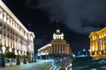 Night lights of Sofia city centre architecture, famous buildings