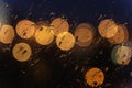 Night lights of urban traffic, headlights of the cars, wet window in rainy weather. Abstract background for banner Royalty Free Stock Photo