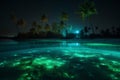 tree vacation beach ocean blue night tropical paradise luminous palm sky. Generative AI.