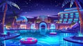 At night, a luxury spa hotel with a swim pool. Modern illustration of resort building exterior, palm trees, swimming Royalty Free Stock Photo