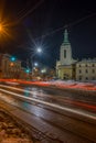 Night Lviv old city architecture in the winter season. Buildings highlighted by the illumination Royalty Free Stock Photo