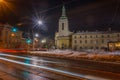 Night Lviv old city architecture in the winter season. Buildings highlighted by the illumination Royalty Free Stock Photo