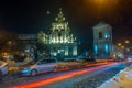 Night Lviv old city architecture in the winter season. Buildings highlighted by the illumination Royalty Free Stock Photo