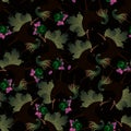 Night magic forest seamless pattern. Black unicorns with manes in shape of green viburnum leaves. Creative print for fabric