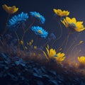 Night magical blue and yellow flowers