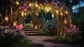 Night magical fantasy forest. Enchanted landscape, neon, with path shining by lantern. Magic nature background. Fairy