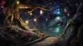 Night magical fantasy forest. Enchanted landscape, neon, with path shining by lantern. Magic nature background. Fairy