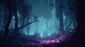 Night magical fantasy forest. magical lights in the forest. Fairy-tale atmosphere, fog in the forest Royalty Free Stock Photo