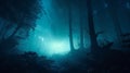 Night magical fantasy forest. magical lights in the forest. Fairy-tale atmosphere, fog in the forest Royalty Free Stock Photo