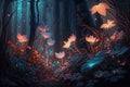 A night, a magical forest filled with fairies, glowing flowers, and lights. Ai