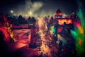 Night market at the Indian town in the The Holi Festival or festival of colors background. Generative AI Royalty Free Stock Photo