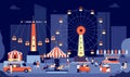 Night market. Nighttime fair, crowd people outdoor eating walking. Amusement park panorama, summer event food stalls