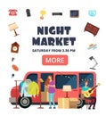 Night market, street bazaar invitation poster. Flea markets vector flyer Royalty Free Stock Photo