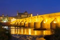 Night Mezquita and Roman bridge in Cordoba, Spain Royalty Free Stock Photo