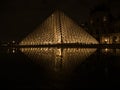 Night mirror reflection panorama of Louvre pyramid glass design architecture museum building in Paris France Europe