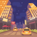 Night modern city street with taxi cars. Vintage travel poster
