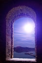 Night moon landscape ancient stone wimdow Royalty Free Stock Photo