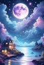 In the night of moon light sea with fluffy colorful clouds, sparkling stars, house, moon, detailed, 8k, printable, mysterious