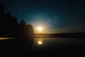 Night moon sky, full moon, Moon over the lake. Night landscape. Reflection of the rays from the moon in the water Royalty Free Stock Photo