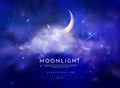 Night moon sky. Glowing stars and clouds. Half crescent. Summer dark moonlight backdrop. Romantic evening scene. Space Royalty Free Stock Photo