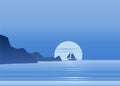 Night moonlight sailboat on blue sea ocean horizon, vector background, rock, sailing illustration, vector, isolared Royalty Free Stock Photo