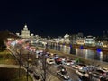 Night Moscow river in park Zariadie. Night auto traffic moving Royalty Free Stock Photo